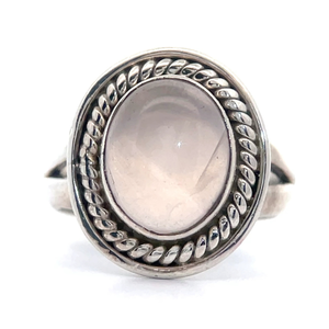 lot 60B image: Oval Cabochon Rose Quartz Twisted Rope Halo Ring VIDEO