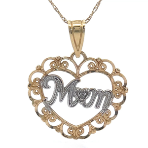 lot 52B image: Cursive MOM Filigree Heart Pendant Necklace in 14k Two-Tone Gold VIDEO