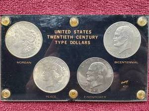 lot 79 image: 4 Silver Dollars Old Type Set 1921 Morgan, 1923 Peace and 2 Ike Dollars