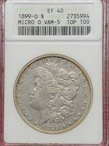 lot 100 image: 1899-O Morgan Silver Dollar Micro O VAM 5 ANACS EF 40