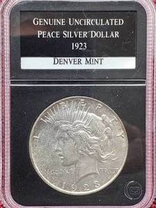 lot 115 image: 1923-D Silver Peace Dollar Unc.