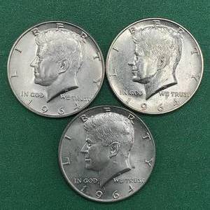 lot 252 image: 3 1964 Kennedy Half Dollars Brilliant White from Unc Roll 90% Silver