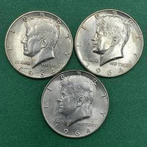 lot 253 image: 3 1964 Kennedy Half Dollars Brilliant White from Unc Roll 90% Silver