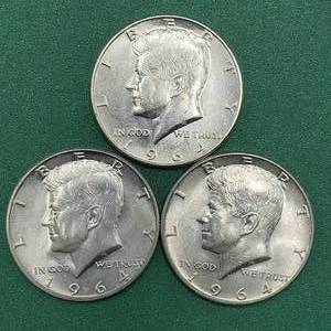 lot 257 image: 3 1964 Kennedy Half Dollars Brilliant White from Unc Roll 90% Silver