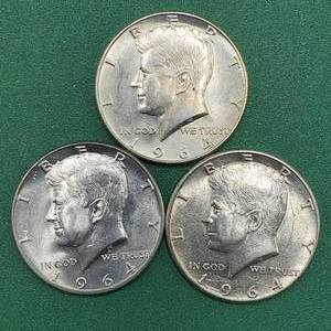 lot 258 image: 3 1964 Kennedy Half Dollars Brilliant White from Unc Roll 90% Silver