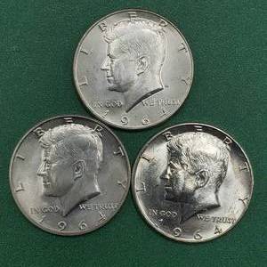 lot 260 image: 3 1964 Kennedy Half Dollars Brilliant White from Unc Roll 90% Silver