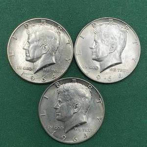 lot 261 image: 3 1964 Kennedy Half Dollars Brilliant White from Unc Roll 90% Silver