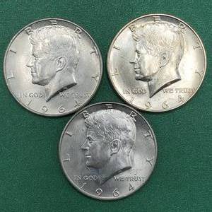 lot 262 image: 3 1964 Kennedy Half Dollars Brilliant White from Unc Roll 90% Silver