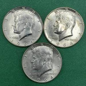 lot 265 image: 3 1964 Kennedy Half Dollars Brilliant White from Unc Roll 90% Silver