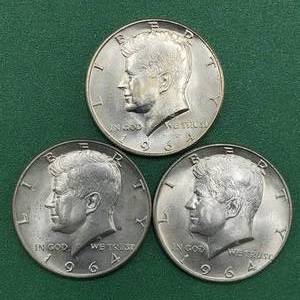 lot 267 image: 3 1964 Kennedy Half Dollars Brilliant White from Unc Roll 90% Silver