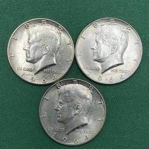 lot 272 image: 3 1964 Kennedy Half Dollars Brilliant White from Unc Roll 90% Silver