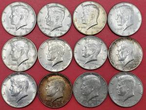 lot 291 image: 3 1964 90% Silver Kennedy Half Dollars from a Bag All are AU to BU Photo is Representative