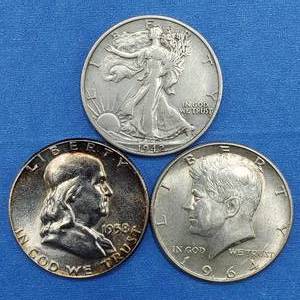 lot 308 image: 3 90% Silver Half Dollars Walking Liberty Franklin & Kennedy