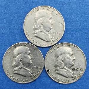 lot 309 image: 3 Franklin Half Dollars-1952-D, 1953-D & 1954-D 90% Silver