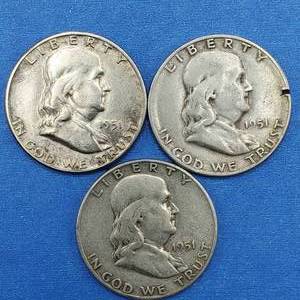lot 310 image: 3 1951-S Franklin Half Dollars 90% Silver