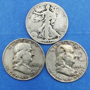lot 312 image: 3 90% Silger Half Dollars 1 Walkng Liberty & 2 Franklins