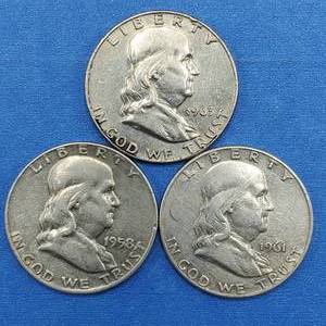 lot 314 image: 3 Franklin Half Dollars 90% Silver
