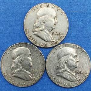 lot 316 image: 3 Franklin Half Dollars 90% Silver