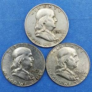 lot 317 image: 3 Franklin Half Dollars 90% Silver