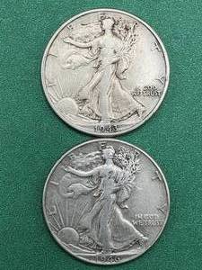 lot 320 image: 2 Walking Liberty Half Dollars 90% Silver