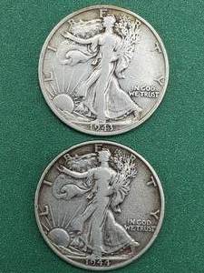 lot 323 image: 2 Walking Liberty Half Dollars 90% Silver