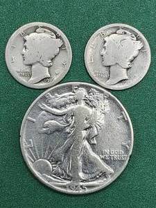 lot 324 image: 1916-S & 1918 Mercury Dimes and 1945 Walking Liberty Half Dollar 90% Silver