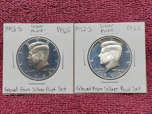 lot 327 image: 2 90% Silver Kennedy Half Dollar Proofs 1992-S & 1993-S