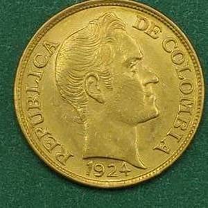 lot 7A image: 1924 Columbia Cinco Pesos Gold Coin, 7.9881g, .2355 Toz Actual Gold Weight