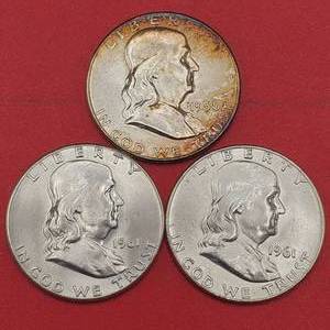 lot 370 image: 3 90% Silver Franklin Half Dollars Unc.
