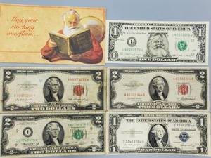 lot 391 image: 5 Bills 1 1988 Santa Note, 2-1953 Red Label $2, 1-1976 $2 &amp1-1935 Silver Certificate