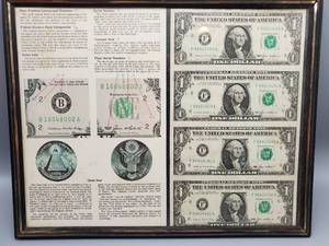 lot 392 image: Framed Story of Federal Reserve Niotes w4 $1 Notes