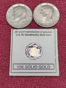lot 416 image: 10K Solid Gold Coin & 2 Kennedy Half Dollars