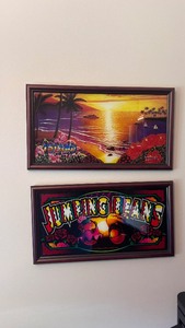 lot 32A image: Jumping beans and the island framed slot machine glass 21 x 12