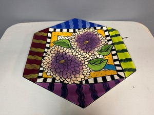 lot 20 image: Studio Designworks Hexagonal Ceramic Platter Featuring Vibrant Hand-Painted Whimsical Design