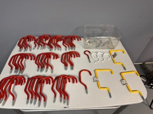 lot 44 image: Hooks and Screws - 50 Heavy Duty Red Hooks, 4 Heavy Duty Yellow Hooks, Additional Light Duty Hooks and Hangers
