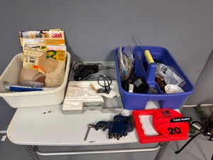 lot 47 image: Tools-Weller Expert Soldering Tool, Gardner Bender 20 Cable Snake, Bench Vise, Tote of Sandpaper, Tote of Misc ToolsScrews and More