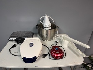 lot 54 image: Three Waffle Irons, Kitchen Aid Hand Mixer, Press, Metal Strainer