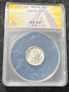 1942-D US MERCURY DIME ANACS MS62 FSB