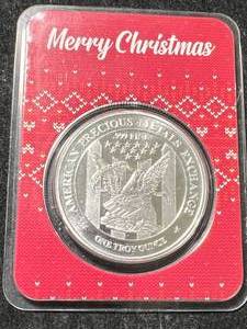 lot 47 image: 1 TROY OZ .999 FINE SILVER APMEX ROUND IN MERRY CHRISTMAS CASE