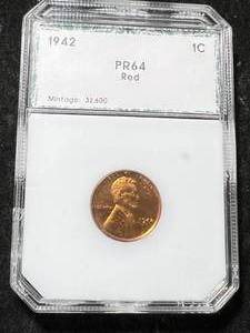 lot 53 image: 1942 US PROOF WHEAT CENT SLABBED PR64