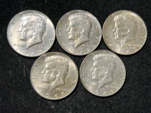 lot 57 image: 5 US 40% SILVER KENNEDY HALF DOLLARS