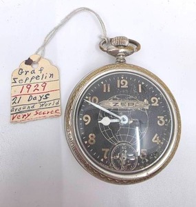 lot 172 image: Very Rare Antique1929 Graf Zeppelin 21 Days Around the World Pocket Watch