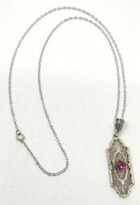 lot 43 image: Gorgeous Vintage Filigree 14K White Gold and Ruby Necklace - 18
