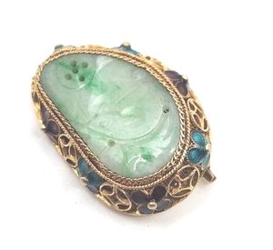 lot 48 image: Gorgeous Antique 14k Over Sterling Jade and Enamel Brooch - 6.65g