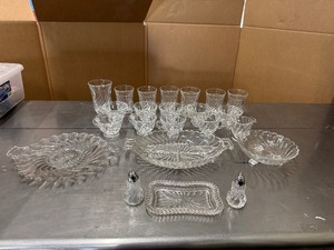 lot 54 image: 23 Piece Glassware Set - Glasses, Cups, Serving Pieces, Salt and Pepper Shaker