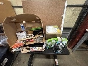 lot 66 image: Box of Miscellaneous Items - Light Bulbs, Shims, Extension Cord, Bag of Rags and More