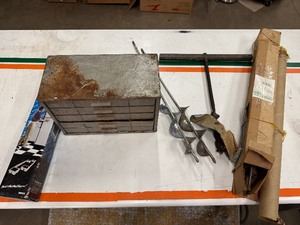 lot 75 image: Four Vintage Bit Augers, Nut,Bolts, Screws Storage Container and Furniture Mover