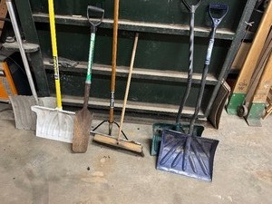 lot 74 image: Four Shovels, Broom, Squeegee, Spade