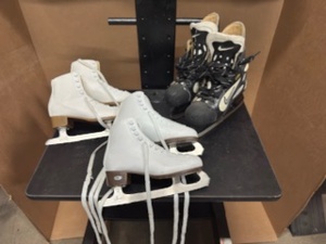 lot 38 image: Three Pair of Gently Used Ice Skates 1 pair Hockey Skates (Size 9), 2 Pairs Figure Skates Size (Size 6). All are in Great Condition