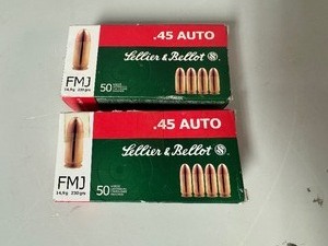lot 18 image: .45 Auto FMJ Lellier & Bellot. Two Boxes.  50 Rounds per Box.